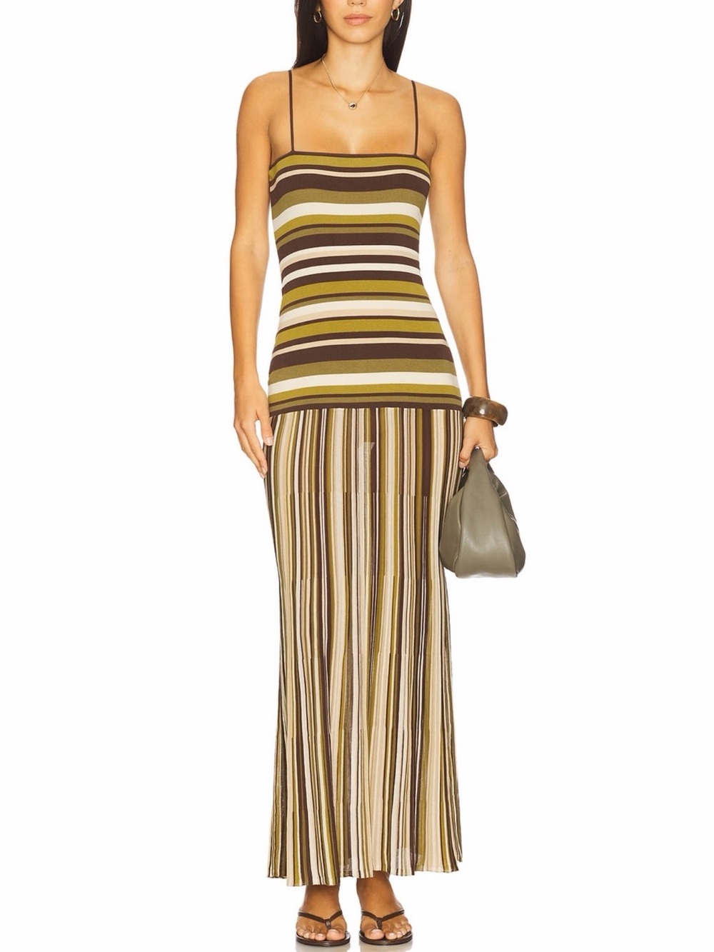 Faithfull the Brand Striped Maxi Skirt in Olive, Brown and Cream
